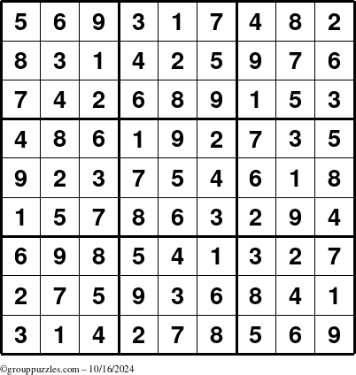 The grouppuzzles.com Answer grid for the Sudoku puzzle for Wednesday October 16, 2024