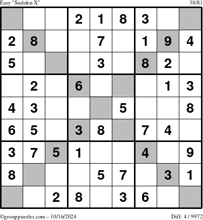 The grouppuzzles.com Easy Sudoku-X puzzle for Wednesday October 16, 2024