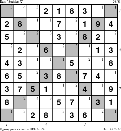 The grouppuzzles.com Easy Sudoku-X puzzle for Wednesday October 16, 2024 with all 4 steps marked