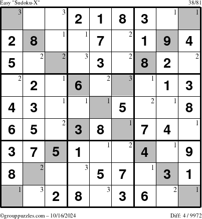 The grouppuzzles.com Easy Sudoku-X puzzle for Wednesday October 16, 2024 with the first 3 steps marked