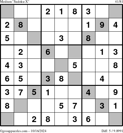 The grouppuzzles.com Medium Sudoku-X puzzle for Wednesday October 16, 2024