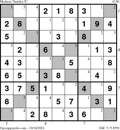 The grouppuzzles.com Medium Sudoku-X puzzle for Wednesday October 16, 2024 with all 5 steps marked