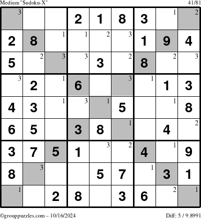 The grouppuzzles.com Medium Sudoku-X puzzle for Wednesday October 16, 2024 with the first 3 steps marked