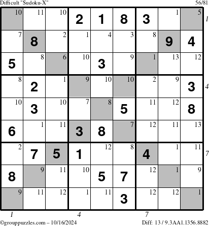 The grouppuzzles.com Difficult Sudoku-X puzzle for Wednesday October 16, 2024 with all 13 steps marked