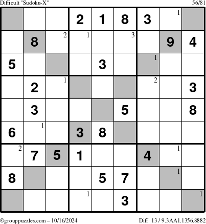 The grouppuzzles.com Difficult Sudoku-X puzzle for Wednesday October 16, 2024 with the first 3 steps marked