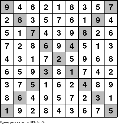 The grouppuzzles.com Answer grid for the Sudoku-X puzzle for Wednesday October 16, 2024