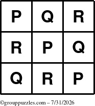 The grouppuzzles.com Answer grid for the TicTac-PQR puzzle for Friday July 31, 2026