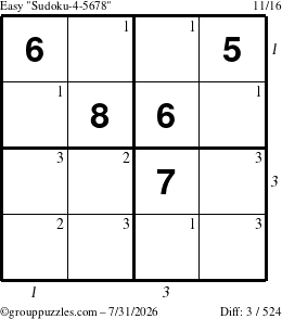 The grouppuzzles.com Easy Sudoku-4-5678 puzzle for Friday July 31, 2026, suitable for printing, with all 3 steps marked