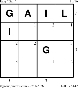 The grouppuzzles.com Easy Gail puzzle for Friday July 31, 2026, suitable for printing, with all 3 steps marked