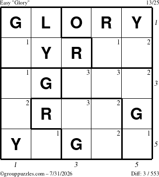 The grouppuzzles.com Easy Glory puzzle for Friday July 31, 2026 with all 3 steps marked