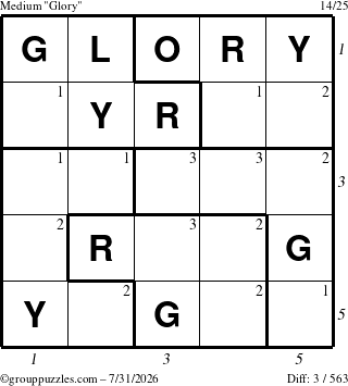 The grouppuzzles.com Medium Glory puzzle for Friday July 31, 2026, suitable for printing, with all 3 steps marked