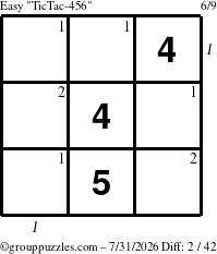 The grouppuzzles.com Easy TicTac-456 puzzle for Friday July 31, 2026, suitable for printing, with all 2 steps marked