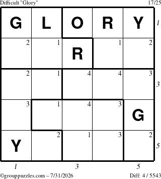 The grouppuzzles.com Difficult Glory puzzle for Friday July 31, 2026, suitable for printing, with all 4 steps marked