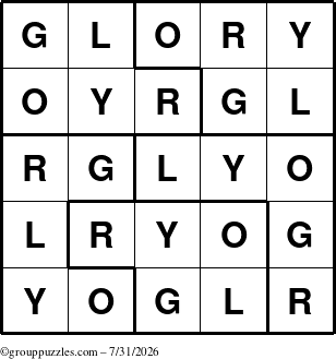 The grouppuzzles.com Answer grid for the Glory puzzle for Friday July 31, 2026