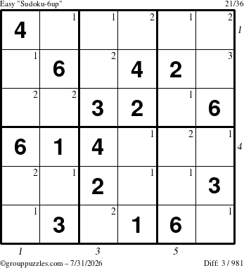 The grouppuzzles.com Easy Sudoku-6up puzzle for Friday July 31, 2026, suitable for printing, with all 3 steps marked