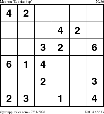 The grouppuzzles.com Medium Sudoku-6up puzzle for Friday July 31, 2026