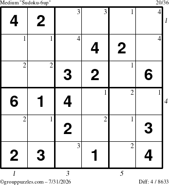 The grouppuzzles.com Medium Sudoku-6up puzzle for Friday July 31, 2026, suitable for printing, with all 4 steps marked