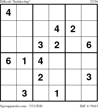 The grouppuzzles.com Difficult Sudoku-6up puzzle for Friday July 31, 2026