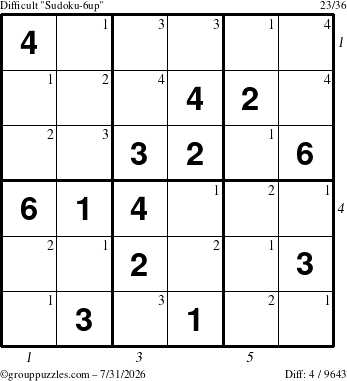 The grouppuzzles.com Difficult Sudoku-6up puzzle for Friday July 31, 2026 with all 4 steps marked