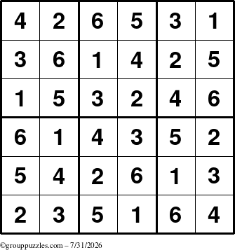 The grouppuzzles.com Answer grid for the Sudoku-6up puzzle for Friday July 31, 2026