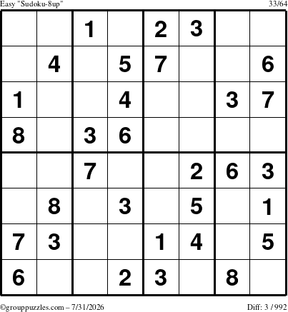 The grouppuzzles.com Easy Sudoku-8up puzzle for Friday July 31, 2026