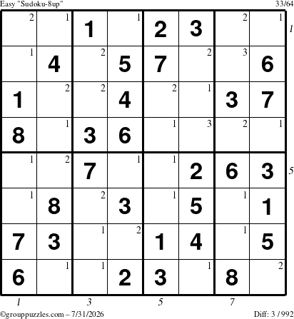 The grouppuzzles.com Easy Sudoku-8up puzzle for Friday July 31, 2026, suitable for printing, with all 3 steps marked