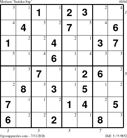 The grouppuzzles.com Medium Sudoku-8up puzzle for Friday July 31, 2026, suitable for printing, with all 5 steps marked