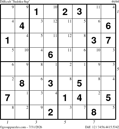 The grouppuzzles.com Difficult Sudoku-8up puzzle for Friday July 31, 2026 with all 12 steps marked
