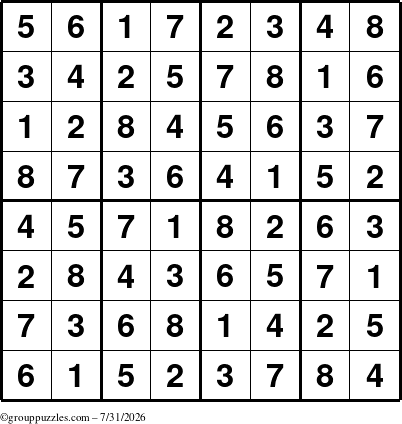 The grouppuzzles.com Answer grid for the Sudoku-8up puzzle for Friday July 31, 2026