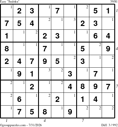 The grouppuzzles.com Easy Sudoku puzzle for Friday July 31, 2026, suitable for printing, with all 3 steps marked