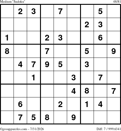 The grouppuzzles.com Medium Sudoku puzzle for Friday July 31, 2026