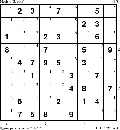 The grouppuzzles.com Medium Sudoku puzzle for Friday July 31, 2026, suitable for printing, with all 7 steps marked