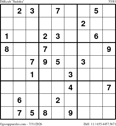 The grouppuzzles.com Difficult Sudoku puzzle for Friday July 31, 2026