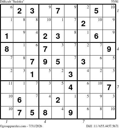 The grouppuzzles.com Difficult Sudoku puzzle for Friday July 31, 2026, suitable for printing, with all 11 steps marked