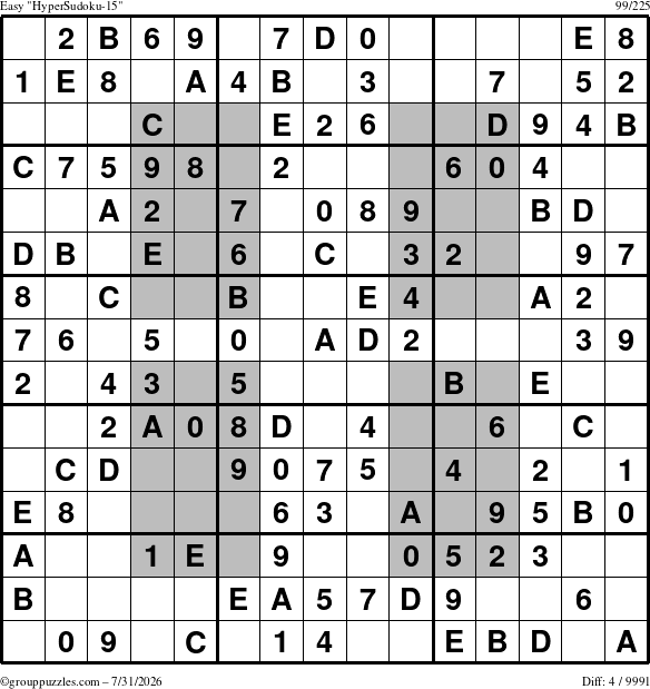The grouppuzzles.com Easy HyperSudoku-15 puzzle for Friday July 31, 2026