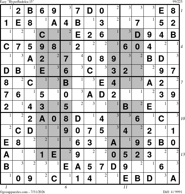 The grouppuzzles.com Easy HyperSudoku-15 puzzle for Friday July 31, 2026, suitable for printing, with all 4 steps marked