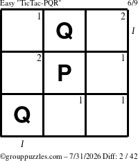 The grouppuzzles.com Easy TicTac-PQR puzzle for Friday July 31, 2026, suitable for printing, with all 2 steps marked