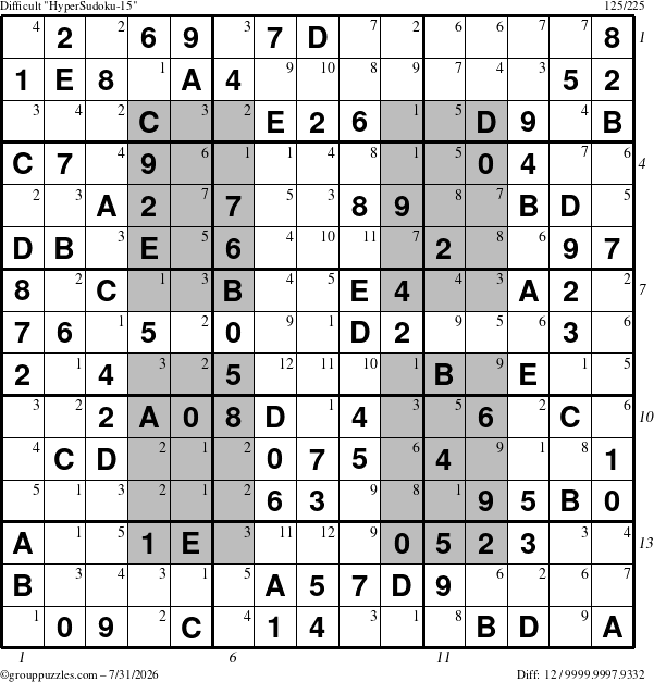 The grouppuzzles.com Difficult HyperSudoku-15 puzzle for Friday July 31, 2026 with all 12 steps marked