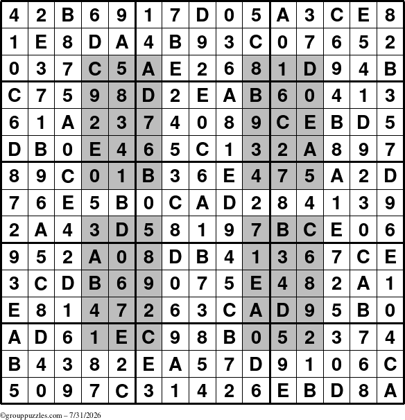 The grouppuzzles.com Answer grid for the HyperSudoku-15 puzzle for Friday July 31, 2026
