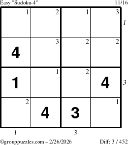 The grouppuzzles.com Easy Sudoku-4 puzzle for Thursday February 26, 2026, suitable for printing, with all 3 steps marked