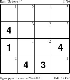 The grouppuzzles.com Easy Sudoku-4 puzzle for Thursday February 26, 2026 with the first 3 steps marked