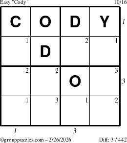 The grouppuzzles.com Easy Cody puzzle for Thursday February 26, 2026, suitable for printing, with all 3 steps marked