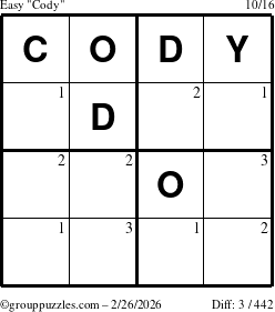 The grouppuzzles.com Easy Cody puzzle for Thursday February 26, 2026 with the first 3 steps marked