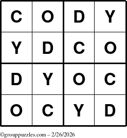 The grouppuzzles.com Answer grid for the Cody puzzle for Thursday February 26, 2026