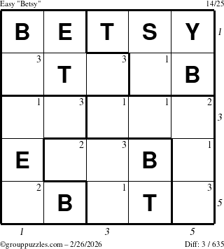 The grouppuzzles.com Easy Betsy puzzle for Thursday February 26, 2026, suitable for printing, with all 3 steps marked