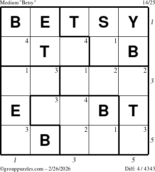 The grouppuzzles.com Medium Betsy puzzle for Thursday February 26, 2026 with all 4 steps marked