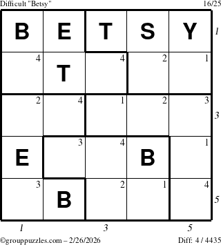 The grouppuzzles.com Difficult Betsy puzzle for Thursday February 26, 2026 with all 4 steps marked