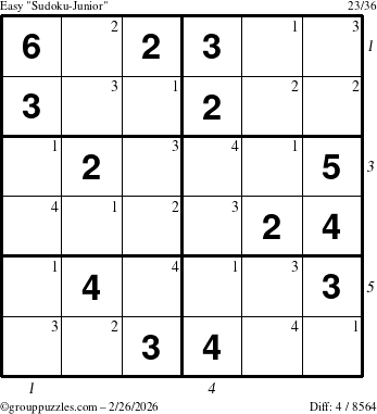 The grouppuzzles.com Easy Sudoku-Junior puzzle for Thursday February 26, 2026 with all 4 steps marked