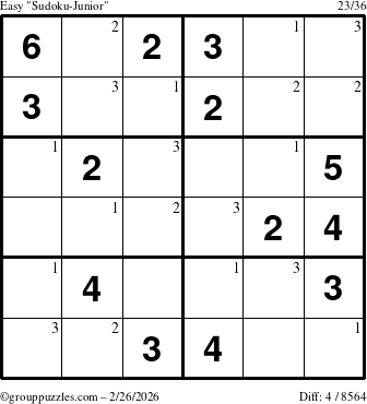 The grouppuzzles.com Easy Sudoku-Junior puzzle for Thursday February 26, 2026 with the first 3 steps marked