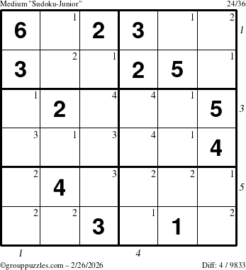 The grouppuzzles.com Medium Sudoku-Junior puzzle for Thursday February 26, 2026 with all 4 steps marked
